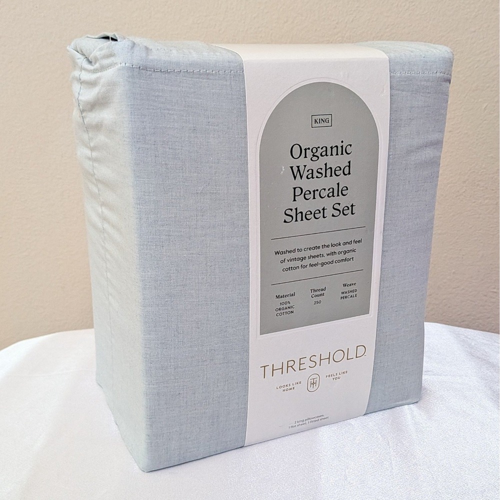 New Threshold Organic Cotton Washed Percale Sheet Set 4-Piece King Blue Chambray